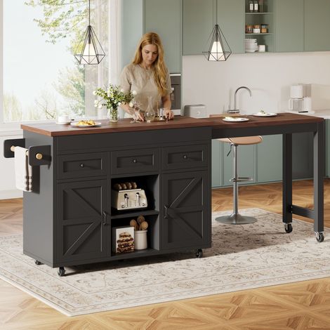 Îlot cuisine noir avec rangement table à manger extensible 131,5-210 cm rotation 360°,tiroirs placards pour cuisine petits espaces.
