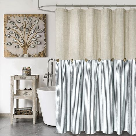 Rideau de Douche à Boutons en Lin et Coton Beige à Rayures Bleues Style campagnard 183 x 183 cm (1/5)