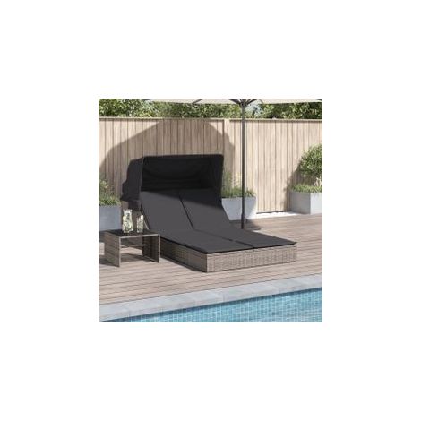 Chaise longue double et auvent et coussins gris résine tressée (1/5)
