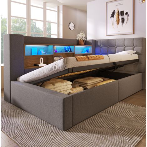 Polsterbett 90 x 200 cm mit Matratze, LED, reversiblem L-Kopfteil, grau HAVRYA (1/5)