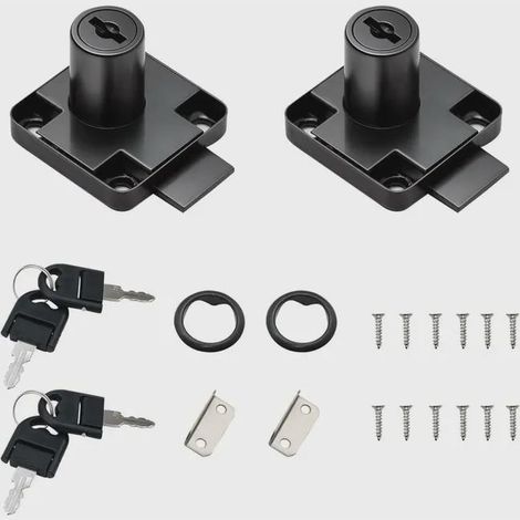 Lot de 2 verrous de tiroir de bureau noir avec 4 clés universelles, vis à base carrée, serrure de sécurité fixe pour meubles, porte de meubles (1/5)