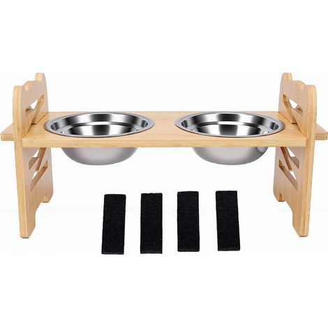 Support de gamelles surélevées pour chiens et chats, incliné à 15 °, 2 mangeoires antidérapantes en acier inoxydable, couleur bois naturel, 42,5x16,5x19,5cm (1/5)
