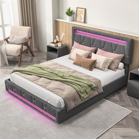 Superaly Lit double capitonné 140x200cm avec éclairage LED, Revêtement en lin gris, 4 Tiroirs de rangement, Ports USB et alimentation européenne intégrés, Cadre en métal et bois massif (1/5)