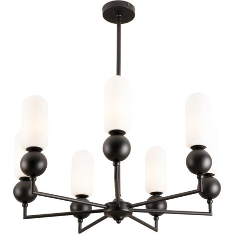Lampadario industriale nero, globi ovali bianchi 7xG9