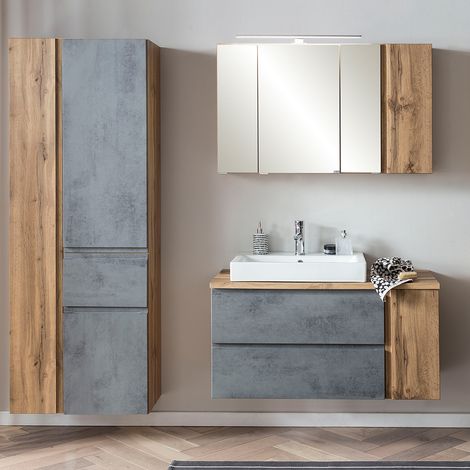 Badezimmer Set mit Keramik-Waschbecken links und LED Beleuchtung, Wotan Eiche Nb. mit Betonoptik, VASTO-03-CONCRETE, B/H/T ca. 185/200/47 cm (1/5)