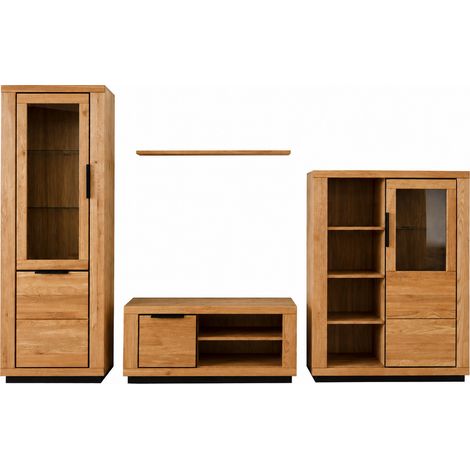 Ensemble salon de 4 pièces meuble TV, vitrine haute et vaisselier étagère coloris chêne massif (1/5)