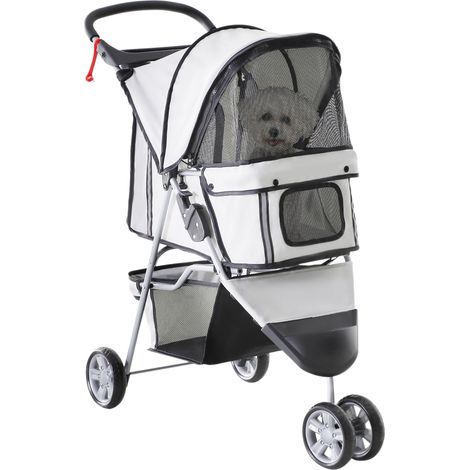 Poussette pliable pour petits chiens, chariot pour animaux avec roues freinées, porte-gobelet, panier de rangement et coussin amovible lavable, pour animaux jusqu'à 10 kg, gris