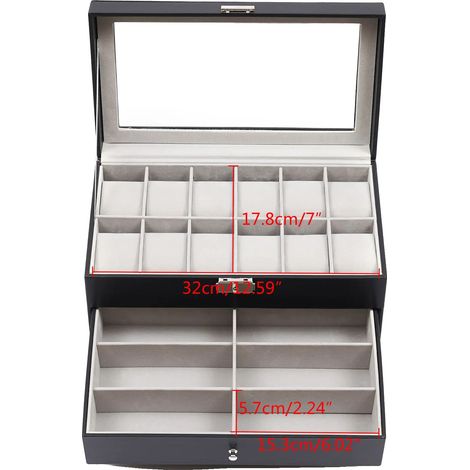 Caja para guardar relojes, organizador de 3 niveles, soporte para joyas y gafas, color negro. (1/2)