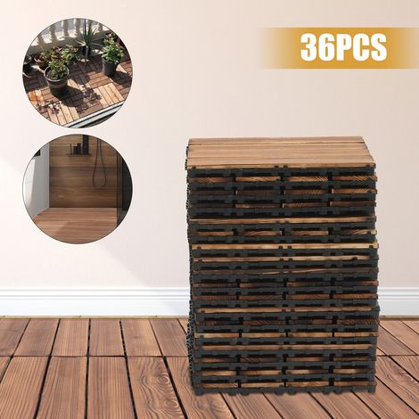 Gojoy – Lot de 36 dalles emboîtables en bois dur 30 x 30 cm – Acacia et eucalyptus – Surface carbonisée – Pour terrasses et balcons (1/5)