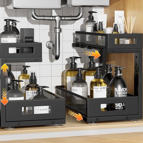 Lot de 2 organiseurs sous évier et rangement réglable en hauteur, organiseur à 2 niveaux coulissants sous l'armoire pour cuisine, salle de bain, noir (1/5)