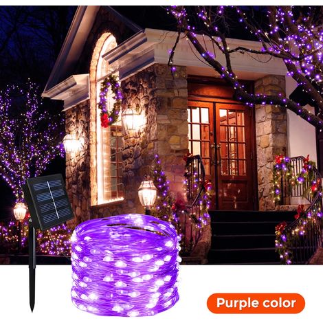 (Violet, 22 m, 200 LED) Guirlande lumineuse solaire extérieure à deux brins, fil de cuivre, étanche, allumage automatique. (1/4)