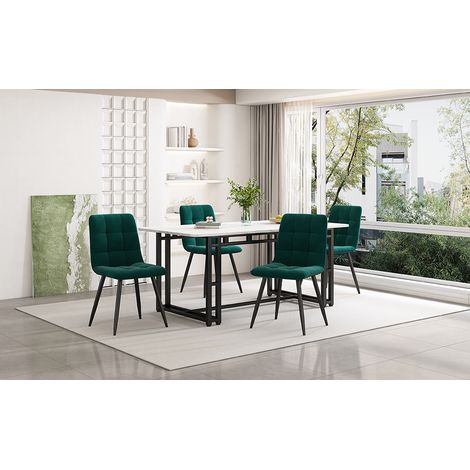 Table à manger noire de 140x80cm avec 4 chaises,ensemble de table de cuisine moderne,chaises en velours vert foncé,table à pieds en fer noir