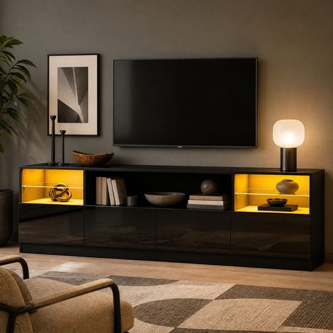 Mobile TV LED 180x35x60 cm, con 4 ante a battente, 8 vani, piani in vetro, pannello truciolare nero (1/5)