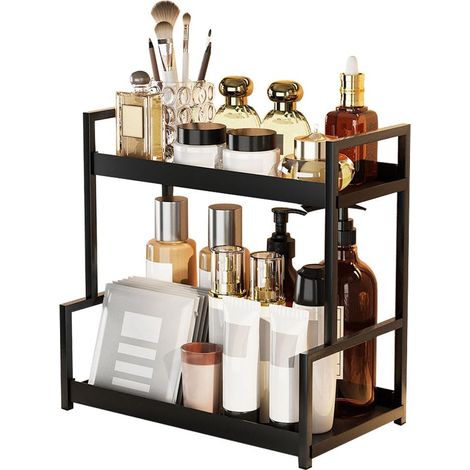 Étagère de rangement à 2 niveaux pour salle de bain, cuisine, chambre à coucher (noir) (1/5)