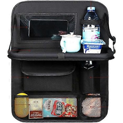 Organisateur de voiture, protection de dossier de siège auto, tapis de protection imperméables avec table intégrée, multiples poches de rangement, 1 pièce / Noir (1/5)