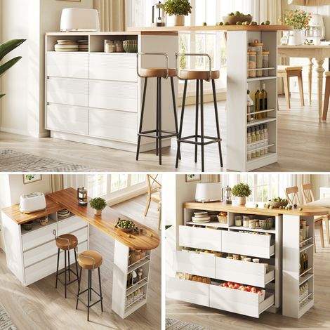 Mesa de bar extensible con almacenamiento (137-215×39×102.3cm), mesa de bar moderna y móvil, mesa de bar telescópica con seis cajones, mesa alta, mesa de bistró, isla de cocina, mesa de bistró (1/5)
