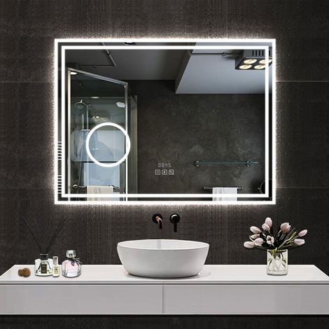 AICA Espejo LED de baño rectangular, 80x60cm, con tres colores, y función antinieble, lupa 3x, bluetooth, reloj integrado, memoria agabada, y brillo ajustable
