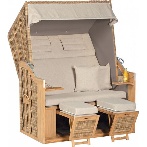 Sonnenpartner Strandkorb Rustikal 34 Z Teak XL Stoff Nr. 1238, 2-Sitzer XL, Halbliegemodell, PE-Kuns