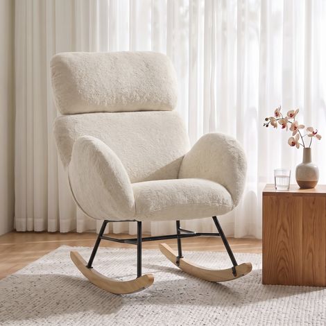 Fauteuil à bascule rembourré avec appui-tête réglable, velours à motif gouttes de pluie, structure en bois d'hévéa, blanc crème (1/5)