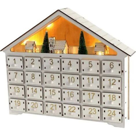 Calendrier de l'Avent en bois, calendrier de l'Avent vide réutilisable, calendrier de Noël à faire soi-même avec 24 tiroirs, décorations de Noël LED uniques pour la décoration de Noël (sans piles) (1/5)