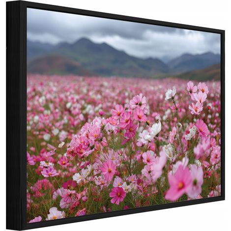 tableau sur toile avec cadre noir champ de fleurs nature salon chambre 120x80 (1/3)