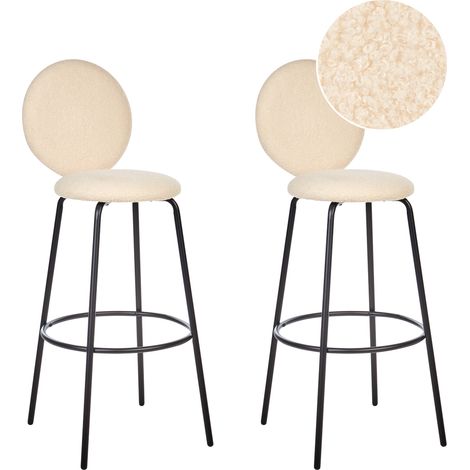 Conjunto de 2 sillas de bar de bouclé patas de acero negro respaldo redondo patas de tapas comedor beige claro Emery