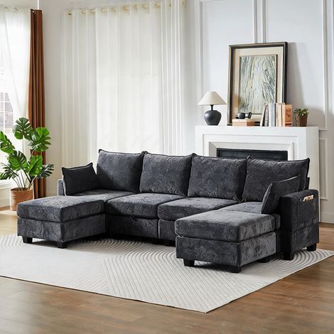 Canapé d'angle modulaire 6 places en tissu chenille gris ardoise (1/5)
