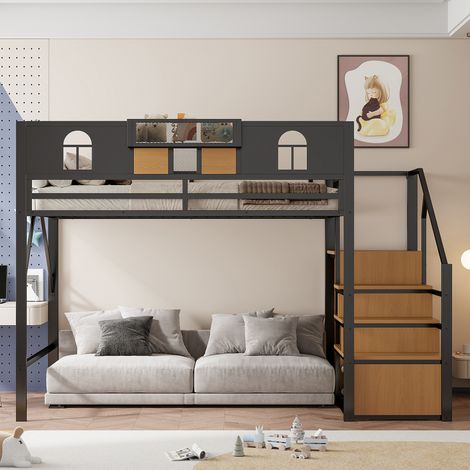 Lit mezzanine métal 140x200cm noir,échelle rangement + fenêtres + panneaux bois treillage,clôture surélevée solide
