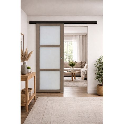 Porte Coulissante Gris Taupe Ral 7006 Vitee H204 X L73 Cm, Rail Alu Bandeau Noir, Coquilles Gd Menuiseries