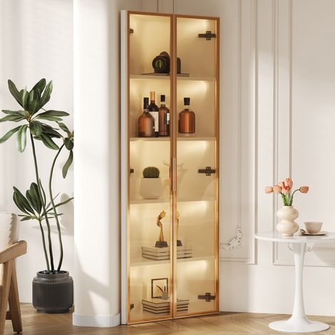 REDOM - Vetrina angolare 62x35x160 cm, illuminazione LED cerniere a chiusura ammortizzata, MDF e vetro, bianco (1/5)