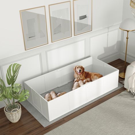 Caisse de mise bas pour chiennes et chiots, avec entrées réglables, pour chiens de toutes tailles, 196 x 96 x 48 cm, blanche