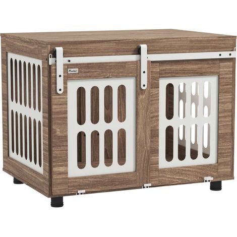 Table d'appoint cage chien avec porte coulissante, niche pour chien moyen en noyer, meuble chien 80x59x63 cm, maison chien avec rangement, espace canin meuble pratique. (1/5)