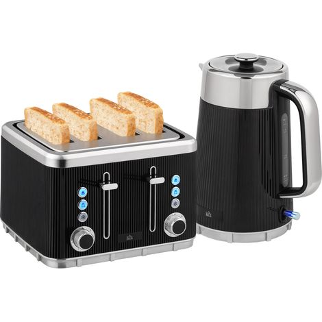 Electric Stainless Steel Kettle and Toaster Set, 3000W 1.7L UK Strix rmostat Fast Boil Kettle w/ Limescale Filter, Cool Touch Body, 4 Slice Toaster with 7 Browning Levels, Crumb Tray, Black (1/5)