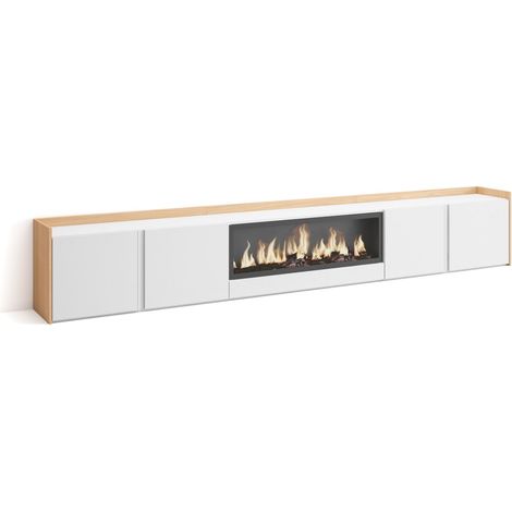 Skraut Home - Mueble TV, Televisión, Muebles de salón, almacenaje, 315x35x50cm, Para TV hasta 80", Chimenea eléctrica XXL, Estilo Moderno, Blanco y roble soft (1/5)