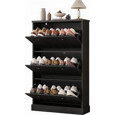 Gain de place - Meuble à chaussures étroit en bois 3 tiroirs abattants, façade ondulée/striée, étagères réglables, grand capacité, autoportant pour entrée/couloir/salon - Noir (1/5)