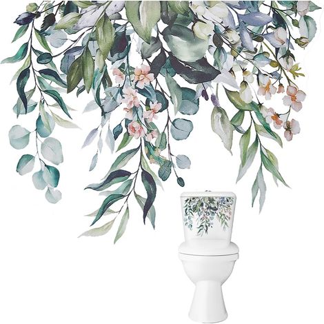 2 feuille D'Autocollants pour Abattant de WC Feuilles de Plantes Vertes Fleurs Autocollant Mural Amovible pour Salle de Bain Motif Floral Étanche Décoratif pour Réservoir de Salle de Bain (1/5)