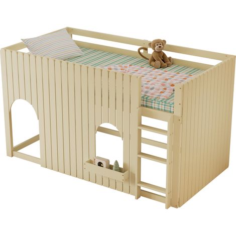 Lit mezzanine enfant 90x200 avec barrières, LED multicolores, échelle droite 3 marches, fenêtres décoratives et rangement sous le lit, bois clair, CHICFURN (1/5)
