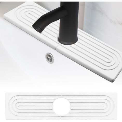 Saugfähige Steinmatte für Spülbecken, Tropfschutzmatte aus Stein, Küchentrockenmatte, schnelltrocknende Kieselgur, Spülbeckenablage für Küche und Bad (weiß, 45 x 10 x 0,9 cm, 6,5 cm rundes Loch)