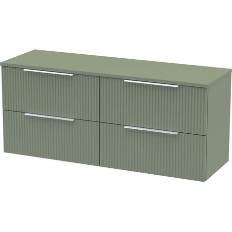 Tixall Fluted 4 Drawer Wall Hung Vanity Unit with Worktop, Satin Green, 1200mm