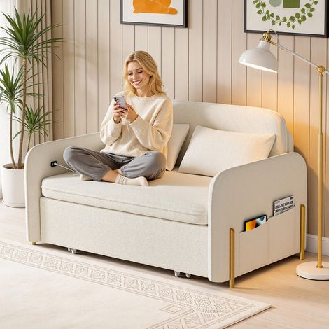 Canapé Convertible Canapé, Lit 2 Place, interface de charge intégrée, 2 Oreillers, 2 Poches Latérales Fauteuil Chaise Longue, garniture éponge, 147 x 82 x 87 cm, Beige