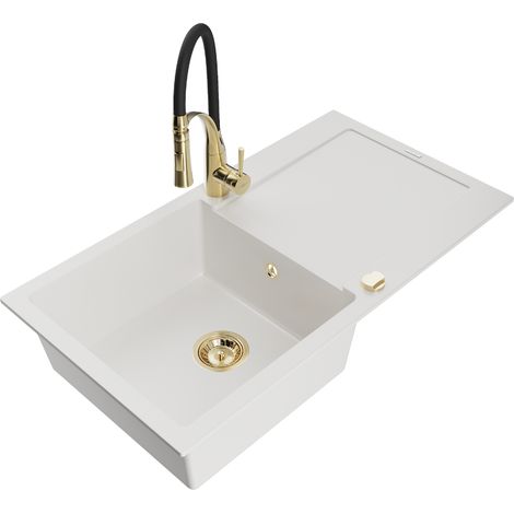 Mexen Leo lavello in granito con 1 vasca e scolapiatti e rubinetto da cucina Aster, bianco - 6501-20-73450-57-G (1/5)