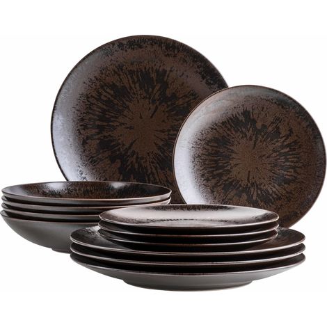 Service de Table Metallic Bronze 12 Pièces pour 4 Personnes - Assiettes Plates, Creuses et à Dessert en Grès - Vernis Brillant Élégant (1/5)