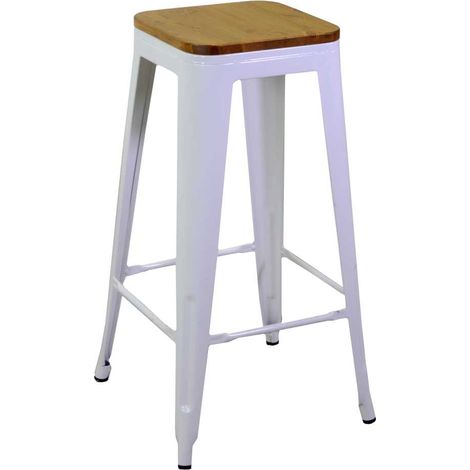Sgabello New Bristol 42x42xh76 cm in Ferro Bianco Antico con seduta in Legno