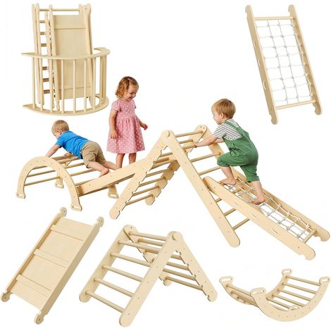 Ensemble d’escalade en bois pliable 7 en 1 pour tout-petit, centre d’activité intérieur avec arche, rampe de toboggan et échelle, favorise le jeu actif et développement des capacités motrices (1/5)