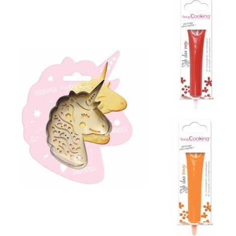 Kit pour biscuit en relief Licorne + 2 Stylos au chocolat rouge et orange