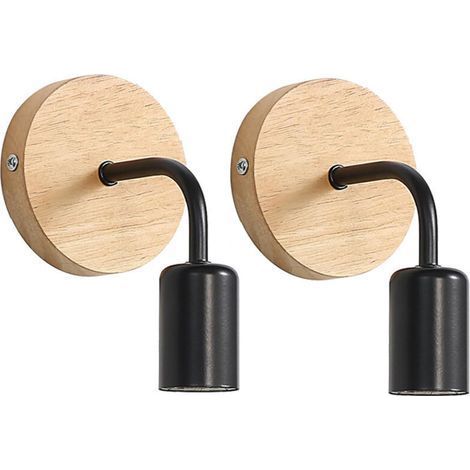 Set di 2 applique da parete industriali per interni, in legno e metallo nero, stile retrò, ideali per soggiorno e camera da letto. Lampadine non incluse. (1/4)