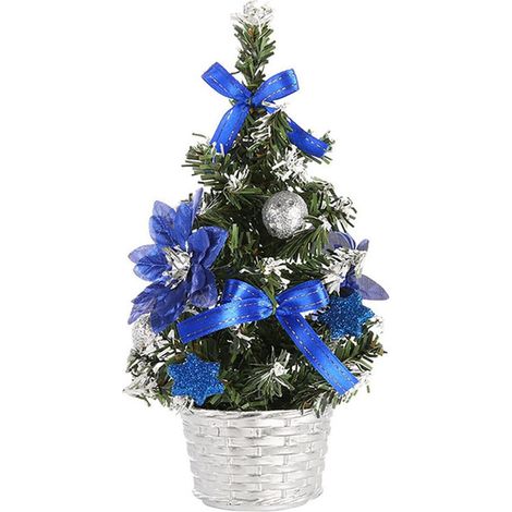 Sapin de Noël miniature de table Queenbox de 19,8 cm, avec pomme de pin pailletée, boule et boîte cadeau décorative pour bureau, maison ou bureau, bleu (1/5)