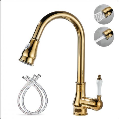 Gold Kitchen Faucets Pull Out Brass 2Mode Swivel Hot and Cold Water Single Hole Kitchen Sink Faucets Pull Out