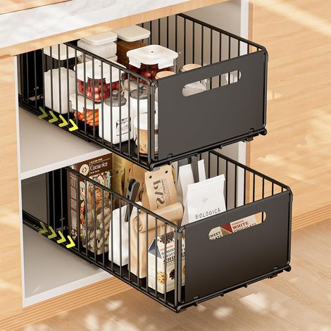 2 Pièce Tiroir Coulissant Cuisine Organiseurs de Tiroirs de Cuisine Organiseur D'armoire Coulissant Fixé Bac Coulissant Placard Aucun PerçAge ni Clouage Requis, 38x25x19 CM(Noir)
