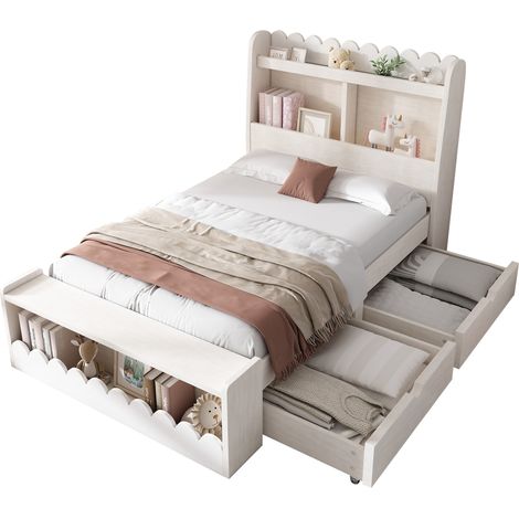 Lit simple pour enfant avec rangements, tiroirs, étagère et banquette de rangement, lit en bois 90x190 cm, cadre de lit et sommier à lattes en bois, blanc et couleur chêne (sans matelas) (1/5)